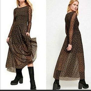 Free People Black Hello and Goodbye Smocked Mesh Midi Dress Size S